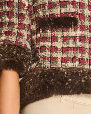 Chanel Red, Beige and Grey Tweed Jacket with Rabbit Fur Trim Detail Size FR 36 (UK 8)
