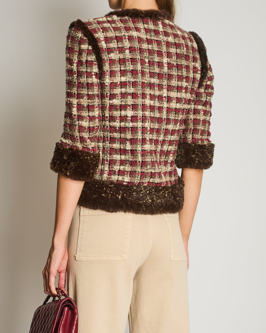 Chanel Red, Beige and Grey Tweed Jacket with Rabbit Fur Trim Detail Size FR 36 (UK 8)