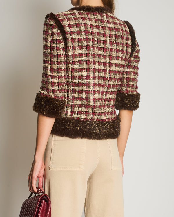 Chanel Red, Beige and Grey Tweed Jacket with Rabbit Fur Trim Detail Size FR 36 (UK 8)