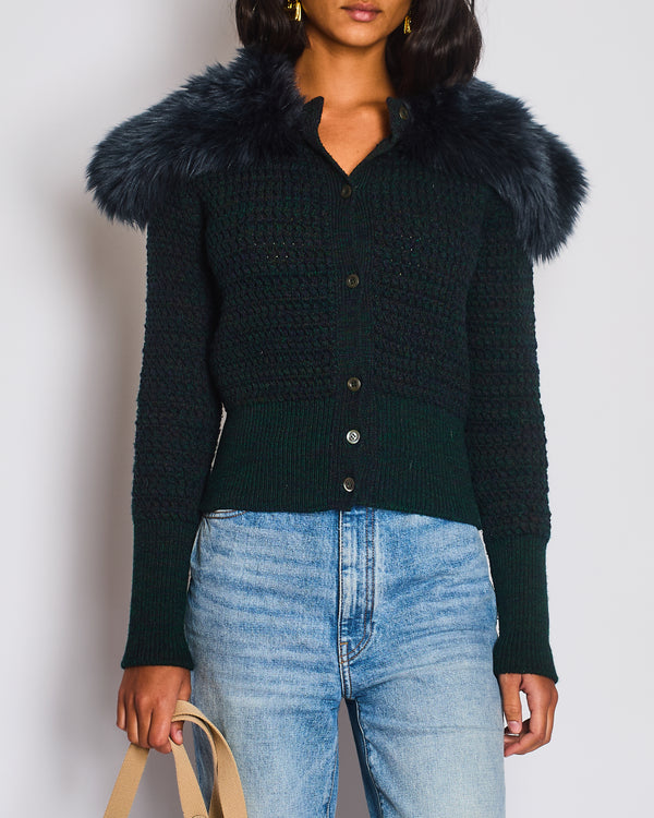 Prada Green Wool Cashmere Blend Knit Cardigan with Faux Fur Collar Size IT 42 (UK 10 )
