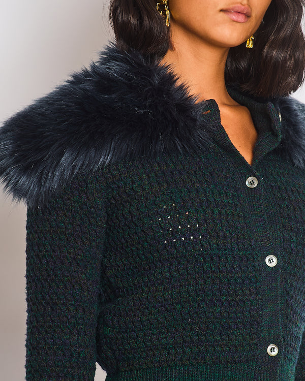 Prada Green Wool Cashmere Blend Knit Cardigan with Faux Fur Collar Size IT 42 (UK 10 )