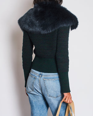 Prada Green Wool Cashmere Blend Knit Cardigan with Faux Fur Collar Size IT 42 (UK 10 )