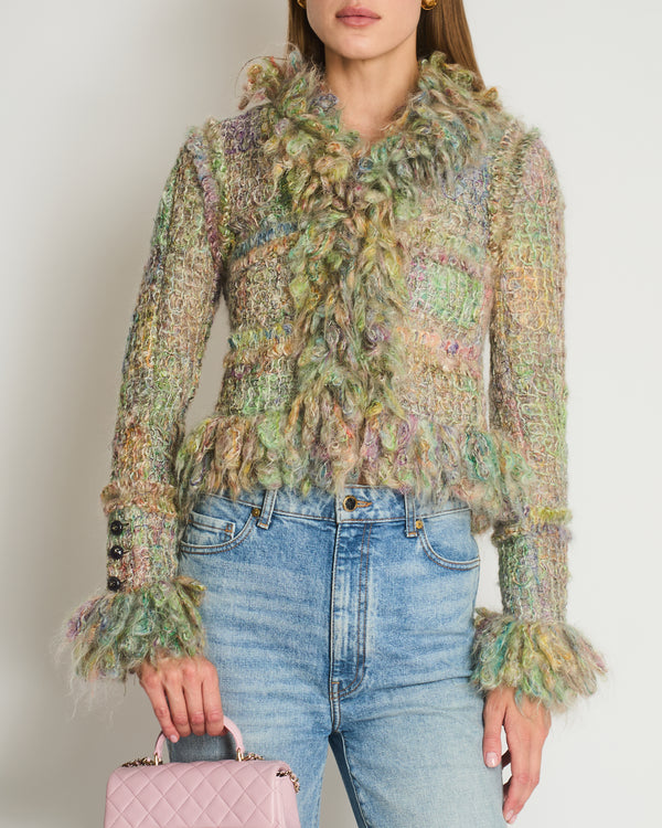 Chanel Green 03/A Knitted Jacket with Purple Stone Button Details Size FR 38 (UK 10)