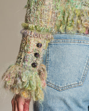 Chanel Green 03/A Knitted Jacket with Purple Stone Button Details Size FR 38 (UK 10)