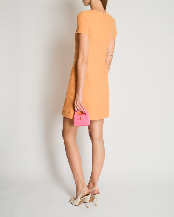 Chanel Vintage Apricot Orange Tweed Short-Sleeve Mini Dress with CC Buttons Detail Size FR 38 (UK 10)