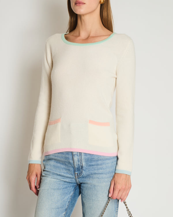 Chanel Cruise 1998 Cream and Pastel Multicolour Cashmere Jumper with Back CC Logo Detail Size FR 42 (UK 14)