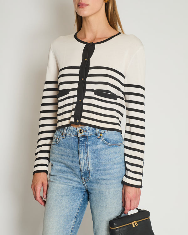 Chanel Black and White Striped Cardigan with Gold CC Logo Buttons Size  FR 42 (UK 14)