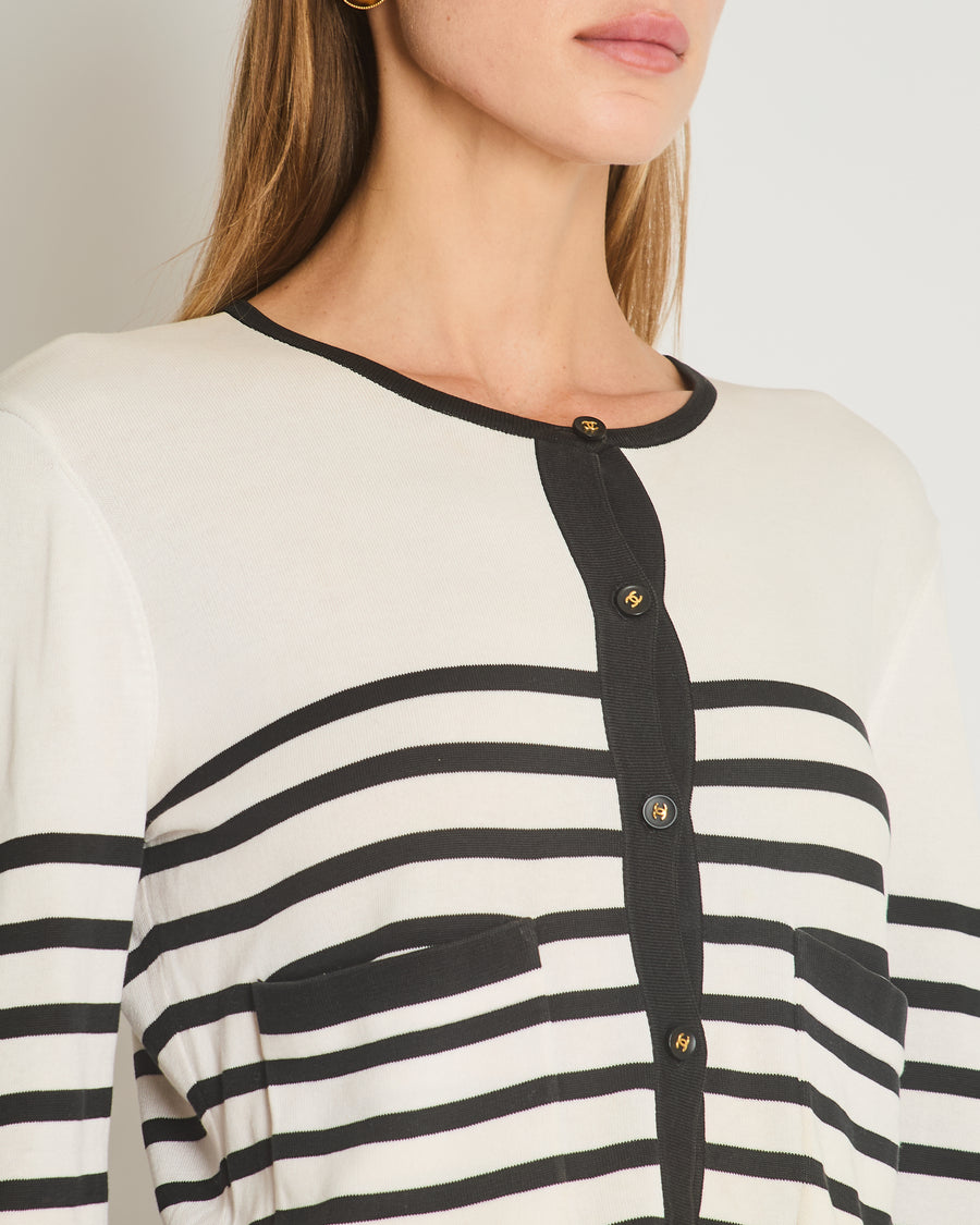 Chanel Black and White Striped Cardigan with Gold CC Logo Buttons Size  FR 42 (UK 14)