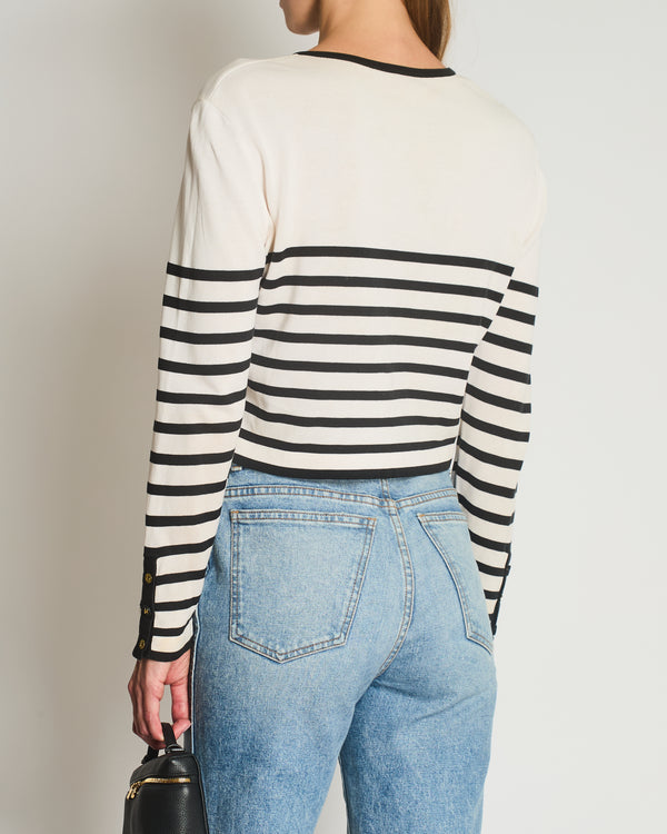 Chanel Black and White Striped Cardigan with Gold CC Logo Buttons Size  FR 42 (UK 14)