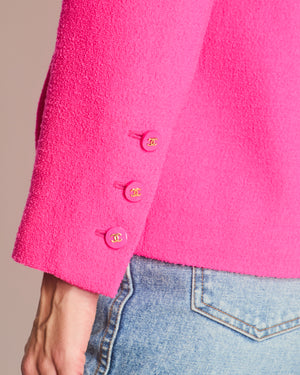 Chanel Hot Pink Spring 1995 Barbie Collection Tweed Jacket with Gold CC Logo Buttons Size FR 38/40( UK 10/12)