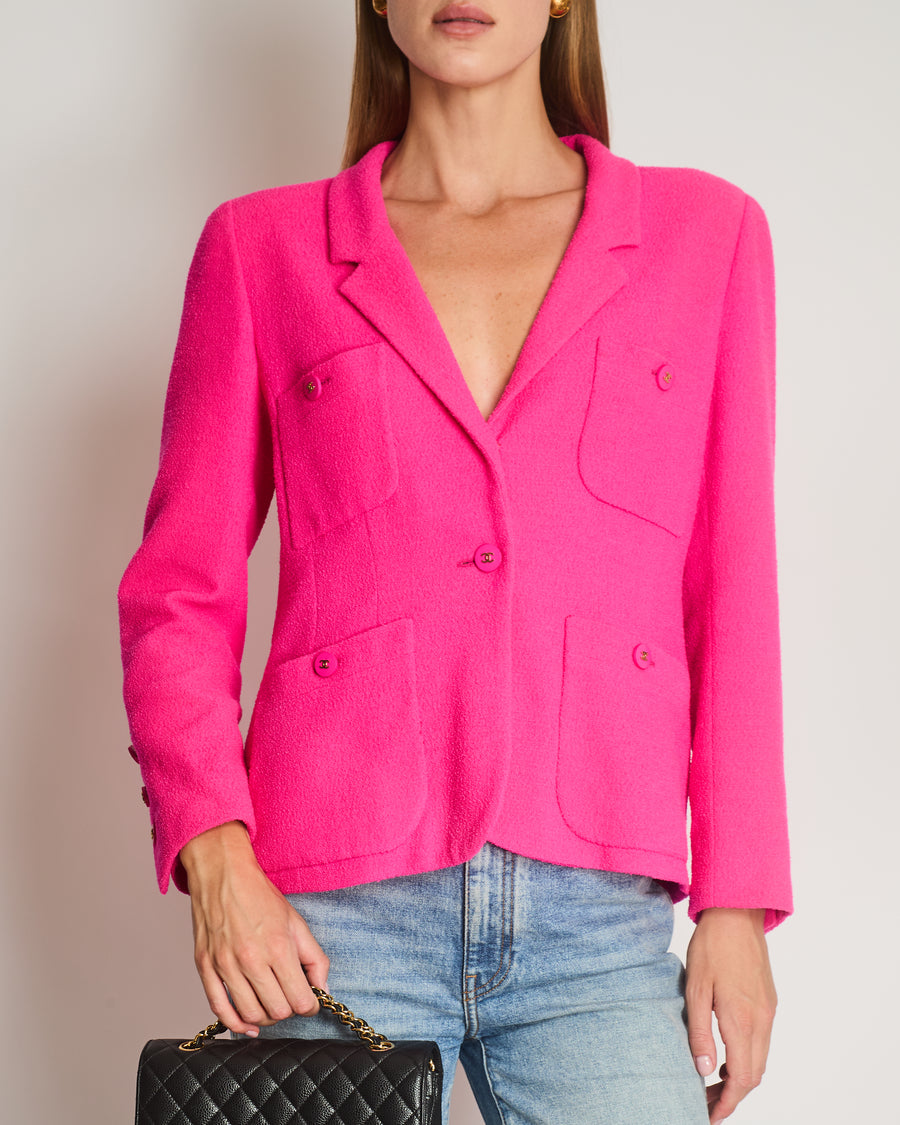 Chanel Hot Pink Spring 1995 Barbie Collection Tweed Jacket with Gold CC Logo Buttons Size FR 38/40( UK 10/12)