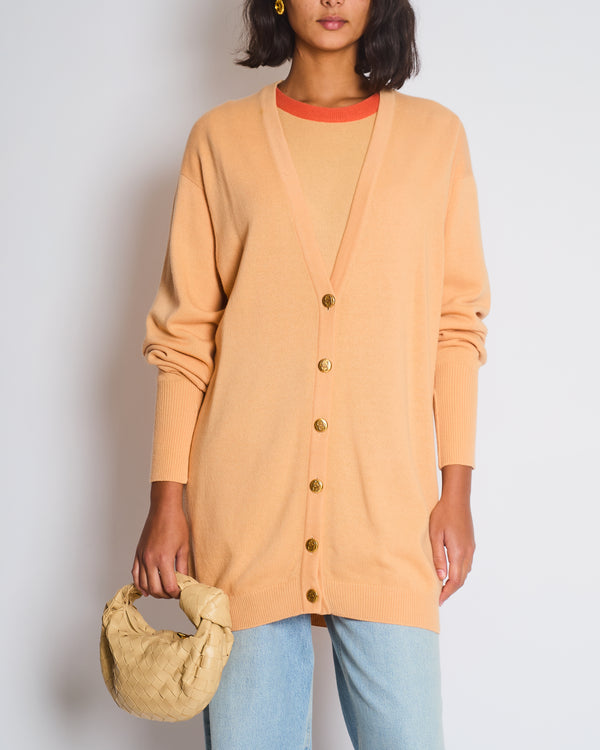 *FIRE PRICE* Chanel Peach Long Cardigan with Gold CC Logo Buttons Size FR 42/44 (UK 14/16)