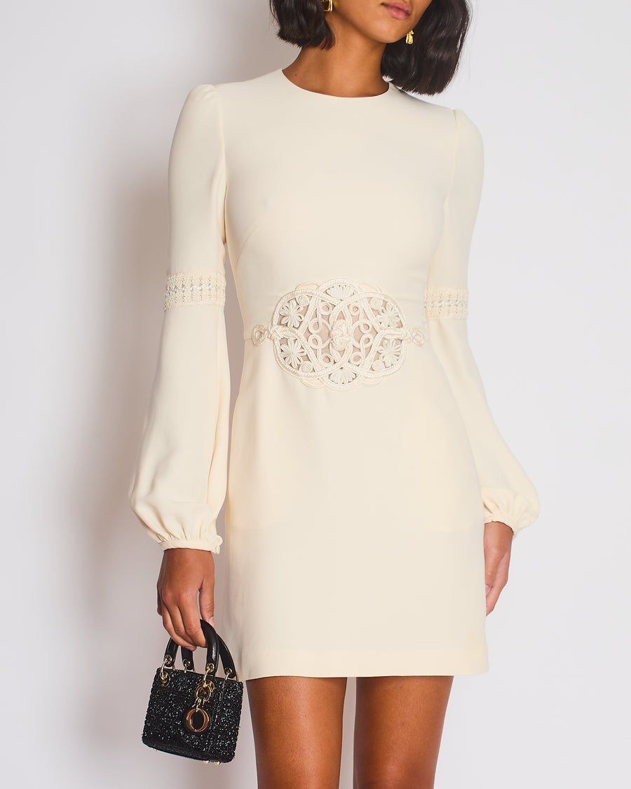 Valentino Cream Mini Long Sleeve Dress with Embroidered Details Size IT 40 (UK 8)
