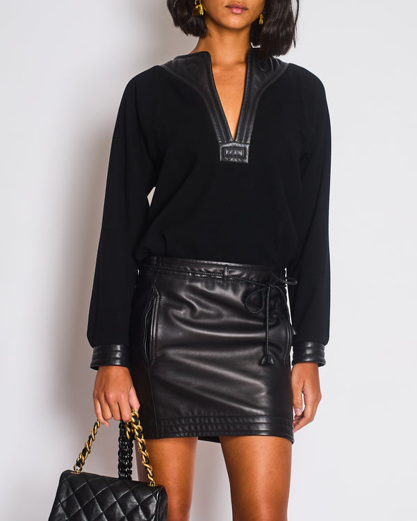Hermes Black Wool & Lambskin Long Sleeve Dress with Woven Belt Detail Size FR 34 (UK 6)