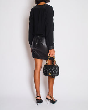 Hermes Black Wool & Lambskin Long Sleeve Dress with Woven Belt Detail Size FR 34 (UK 6)