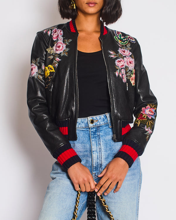 Gucci Black, Red and Navy Lambskin Leather Jacket with Flower Prints & Bees Embroidery Details Size IT 40 (UK 8)