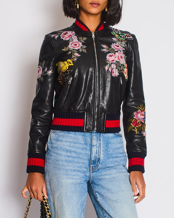 Gucci Black, Red and Navy Lambskin Leather Jacket with Flower Prints & Bees Embroidery Details Size IT 40 (UK 8)