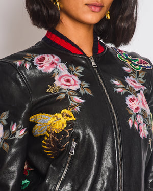 Gucci Black, Red and Navy Lambskin Leather Jacket with Flower Prints & Bees Embroidery Details Size IT 40 (UK 8)