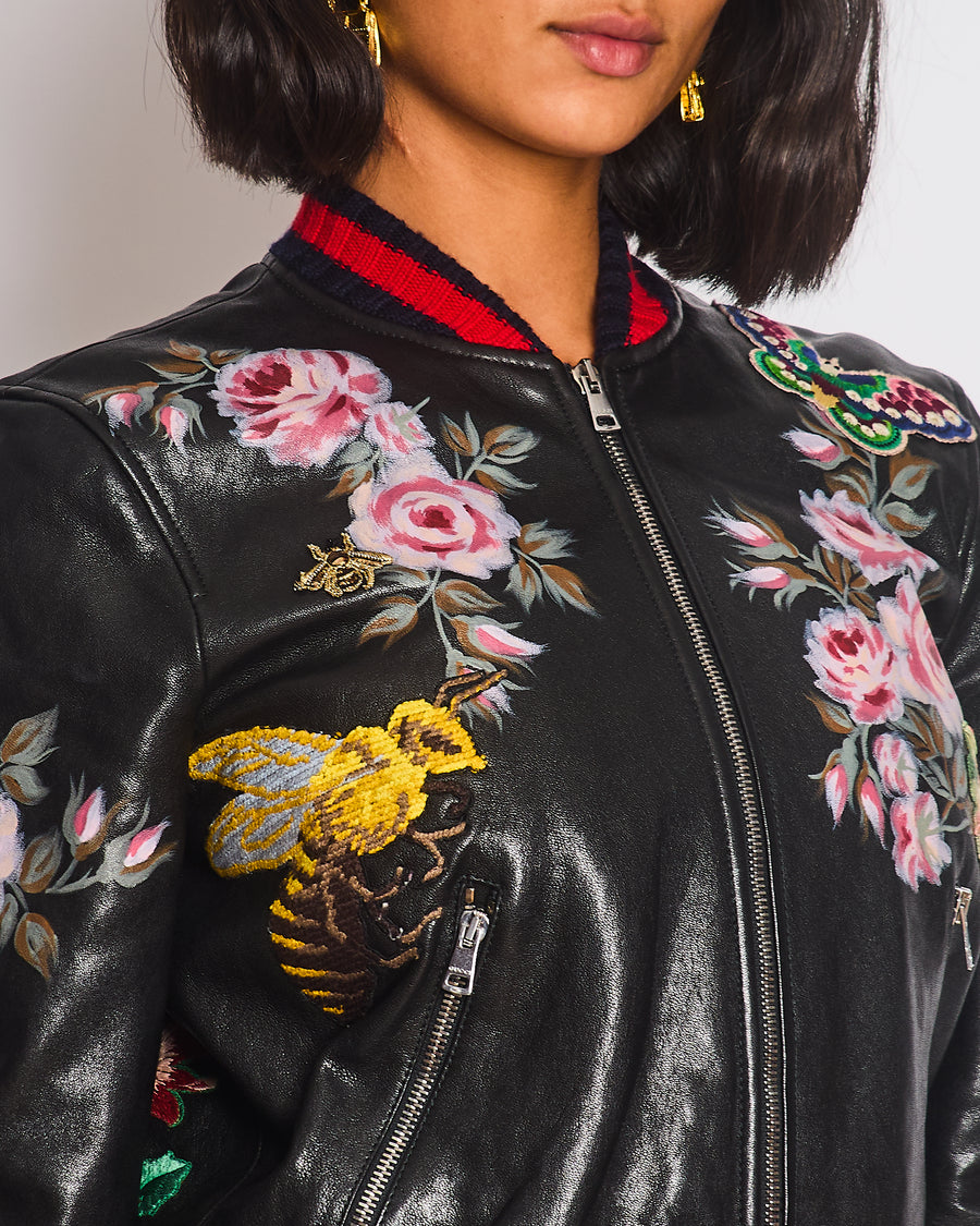 Gucci Black, Red and Navy Lambskin Leather Jacket with Flower Prints & Bees Embroidery Details Size IT 40 (UK 8)