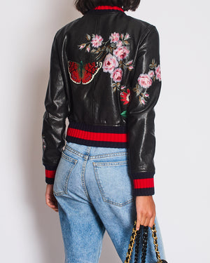 Gucci Black, Red and Navy Lambskin Leather Jacket with Flower Prints & Bees Embroidery Details Size IT 40 (UK 8)