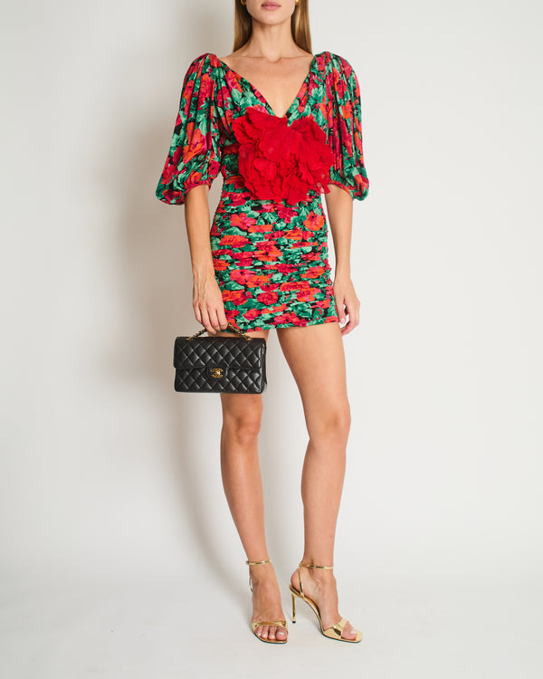 Gucci Red & Green Flower Print Mini Dress with Red Rose Appliqué Detail Size IT 38 (UK 6)