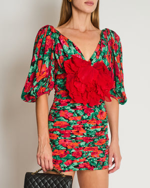 Gucci Red & Green Flower Print Mini Dress with Red Rose Appliqué Detail Size IT 38 (UK 6)