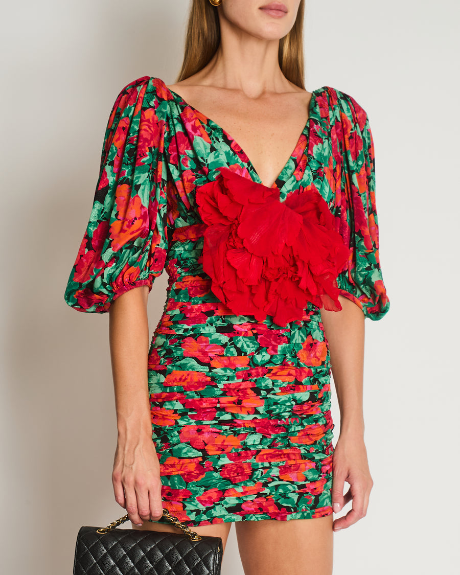 Gucci Red & Green Flower Print Mini Dress with Red Rose Appliqué Detail Size IT 38 (UK 6)