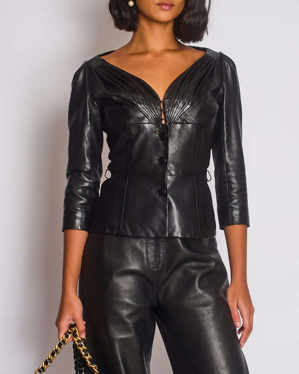 Christian Dior Black Lambskin Leather 3/4 Sleeve Top with Three Buttons Detail Size FR 38 (UK 10)