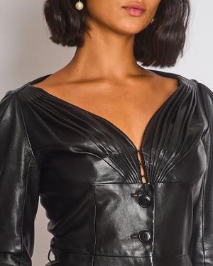 Christian Dior Black Lambskin Leather 3/4 Sleeve Top with Three Buttons Detail Size FR 38 (UK 10)
