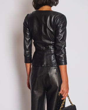 Christian Dior Black Lambskin Leather 3/4 Sleeve Top with Three Buttons Detail Size FR 38 (UK 10)
