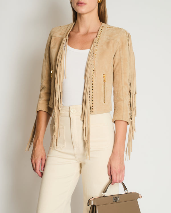 Balmain Camel Beige Suede Jacket with Fringes & Gold Zip Details Size FR 36 (UK 8)