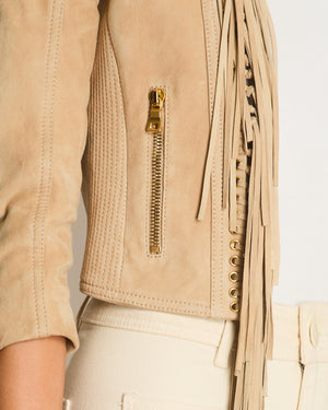 Balmain Camel Beige Suede Jacket with Fringes & Gold Zip Details Size FR 36 (UK 8)