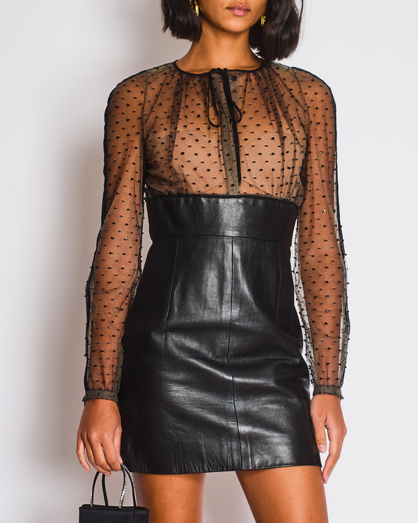 Valentino Black Long Sleeve Lace See Through Mini Dress with Leather Skirt Detail Size IT 40 (UK 8)