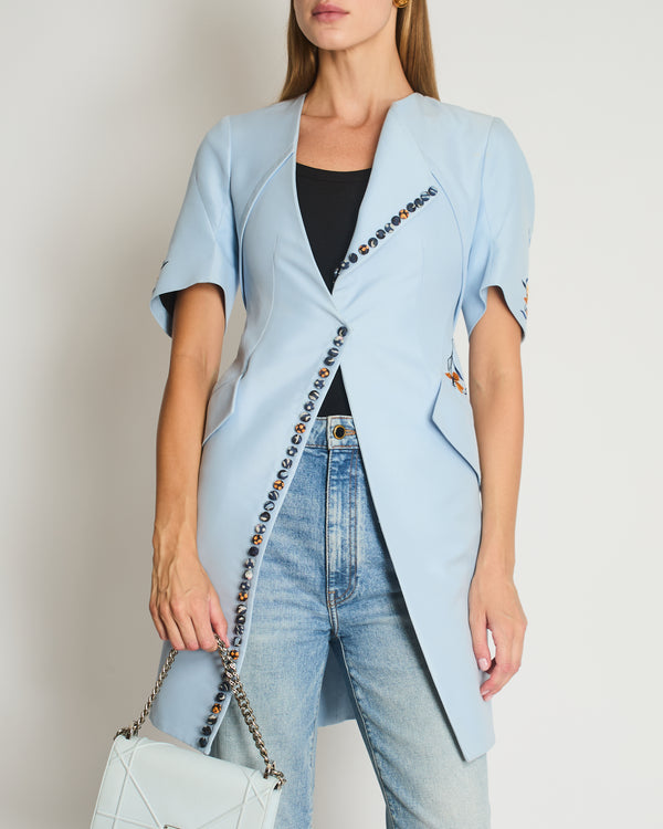 Christian Dior Sky Blue Asymmetrical Long Jacket with Multicolour Buttons and Flower Embroidery Details Size FR 36 (UK 8)