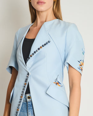 Christian Dior Sky Blue Asymmetrical Long Jacket with Multicolour Buttons and Flower Embroidery Details Size FR 36 (UK 8)