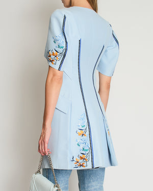 Christian Dior Sky Blue Asymmetrical Long Jacket with Multicolour Buttons and Flower Embroidery Details Size FR 36 (UK 8)