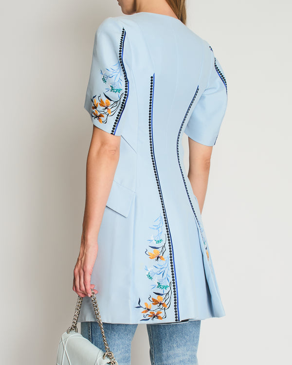 Christian Dior Sky Blue Asymmetrical Long Jacket with Multicolour Buttons and Flower Embroidery Details Size FR 36 (UK 8)