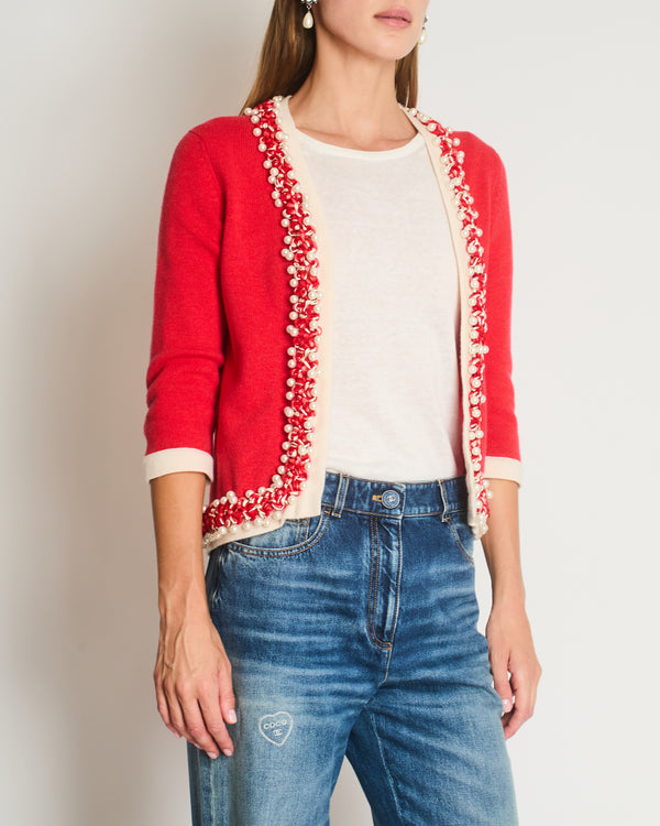 Chanel 10P Red Knitted Long Sleeve Cardigan with Pearls & Cream Braided Trim Details FR 36 (UK 8)