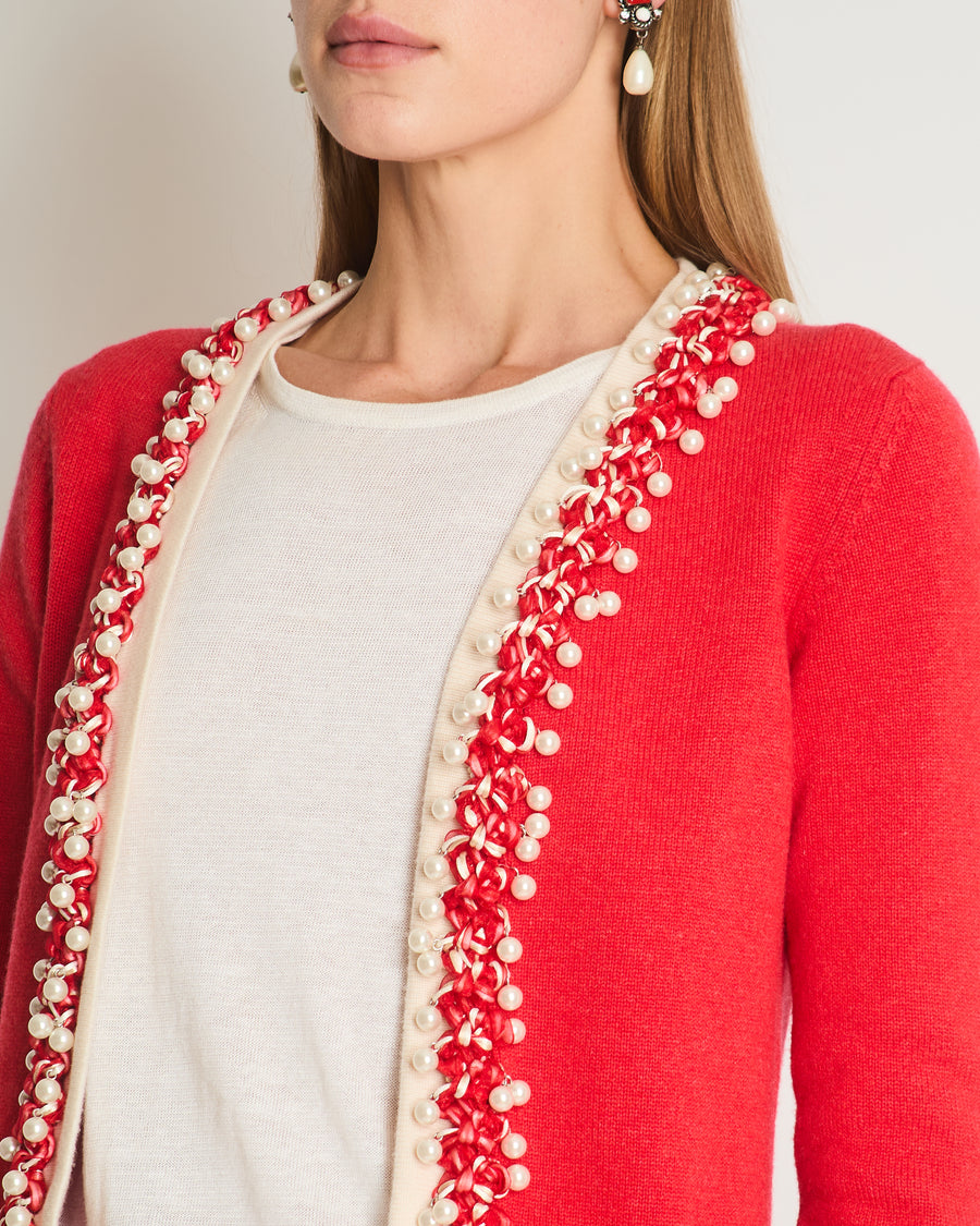 Chanel 10P Red Knitted Long Sleeve Cardigan with Pearls & Cream Braided Trim Details FR 36 (UK 8)