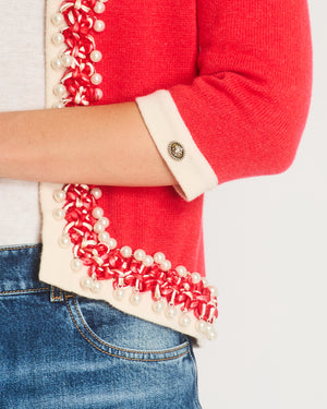 Chanel 10P Red Knitted Long Sleeve Cardigan with Pearls & Cream Braided Trim Details FR 36 (UK 8)