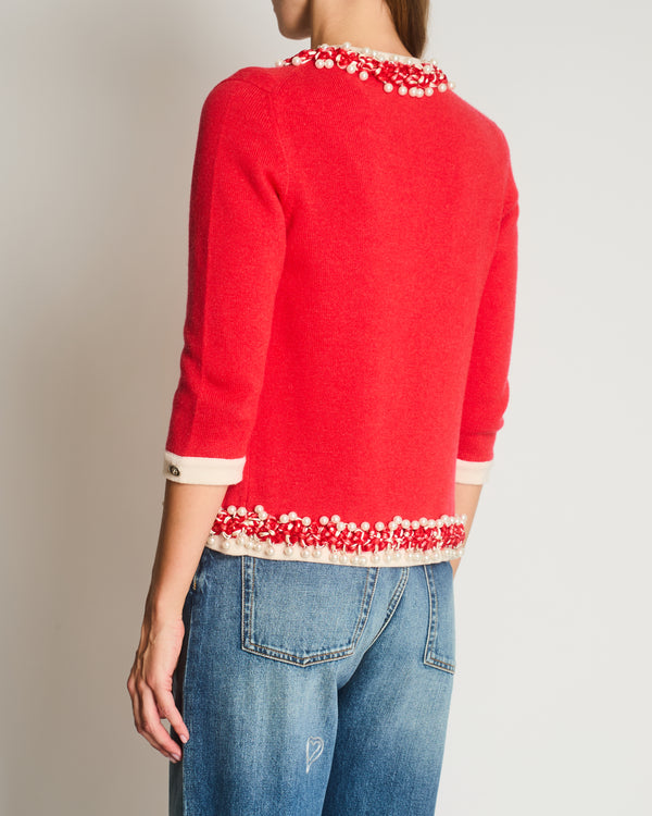 Chanel 10P Red Knitted Long Sleeve Cardigan with Pearls & Cream Braided Trim Details FR 36 (UK 8)