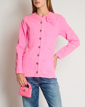 *HOT* Chanel 21S Hot Pink Denim Jacket with Detachable Camelia Brooches Detail Size FR 34 (UK 6)