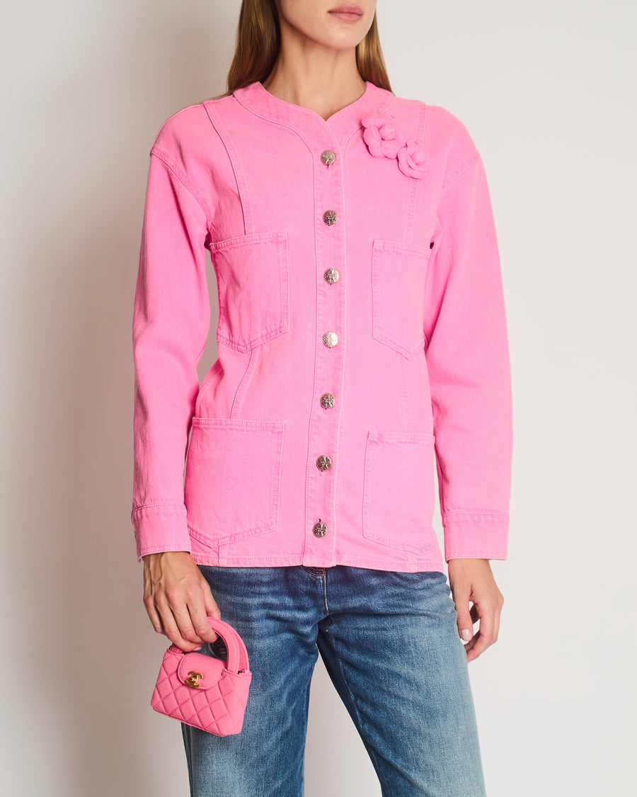 *HOT* Chanel 21S Hot Pink Denim Jacket with Detachable Camelia Brooches Detail Size FR 34 (UK 6)