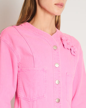 *HOT* Chanel 21S Hot Pink Denim Jacket with Detachable Camelia Brooches Detail Size FR 34 (UK 6)