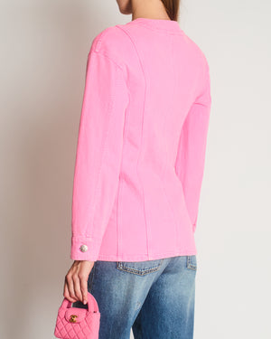 *HOT* Chanel 21S Hot Pink Denim Jacket with Detachable Camelia Brooches Detail Size FR 34 (UK 6)