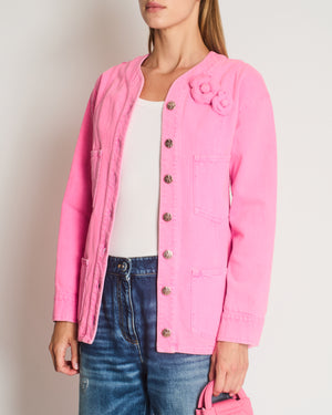 *HOT* Chanel 21S Hot Pink Denim Jacket with Detachable Camelia Brooches Detail Size FR 34 (UK 6)