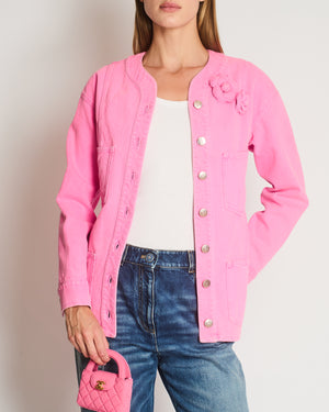 *HOT* Chanel 21S Hot Pink Denim Jacket with Detachable Camelia Brooches Detail Size FR 34 (UK 6)