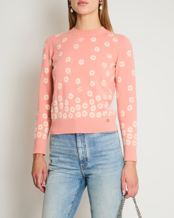 Chanel SS/20 Peach Floral Round Neck Jumper with CC Detail Size FR 34 (UK 6)