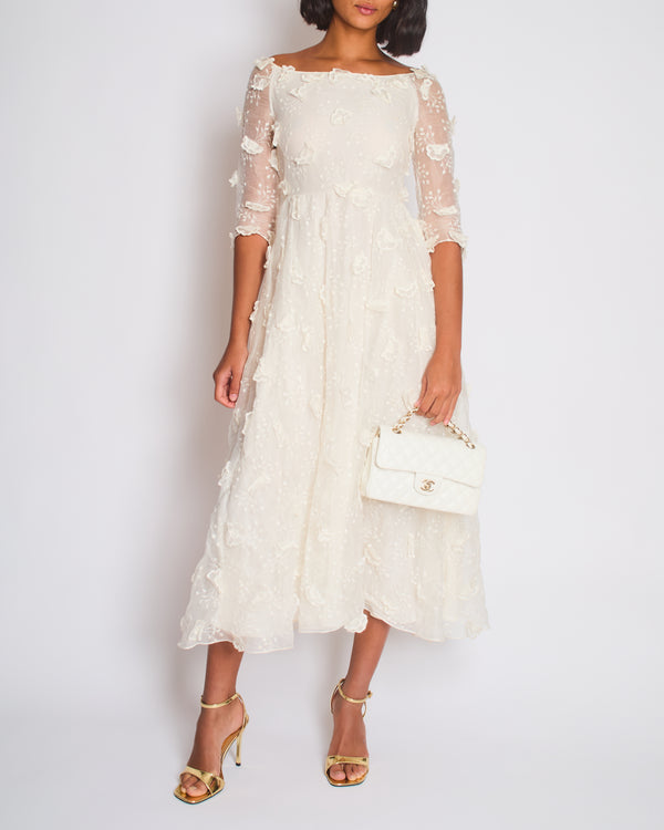 Christian Dior White Long Sleeve Maxi Dress with Floral Appliqué Detail Size FR 36 (UK 8)