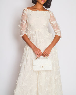 Christian Dior White Long Sleeve Maxi Dress with Floral Appliqué Detail Size FR 36 (UK 8)